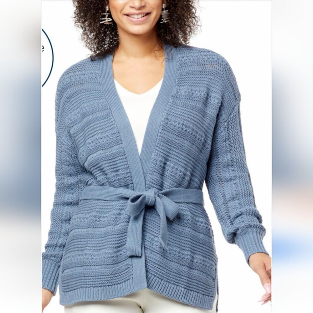 Wynn Collection Cotton Open Stitch Belted Cardigan Plus Size 1X
